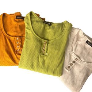 KissFix Rib Knit Henley Top T Shirt Bundle of 3 Gold Green White S